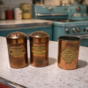 Vintage 1940s-1960s Copper Kitchen Salt & Pepper Shaker & Tabasco Set